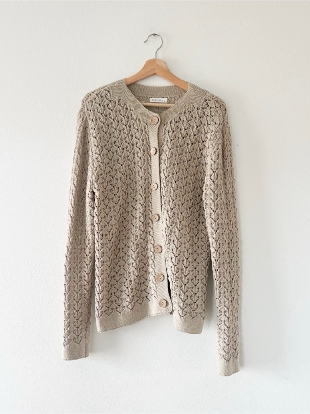 Neuflora Open Knit Button-Front Cardigan with Wood Buttons Sweater, Beige, XS